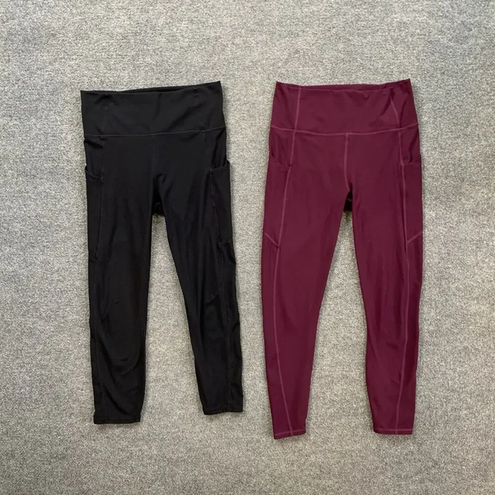Fabletics Leggings Womens M Medium Black Eggplant PureLuxe High Waisted Crop 2PC